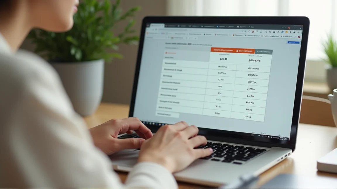 ノートPCで料金プラン比較表を見ている手元