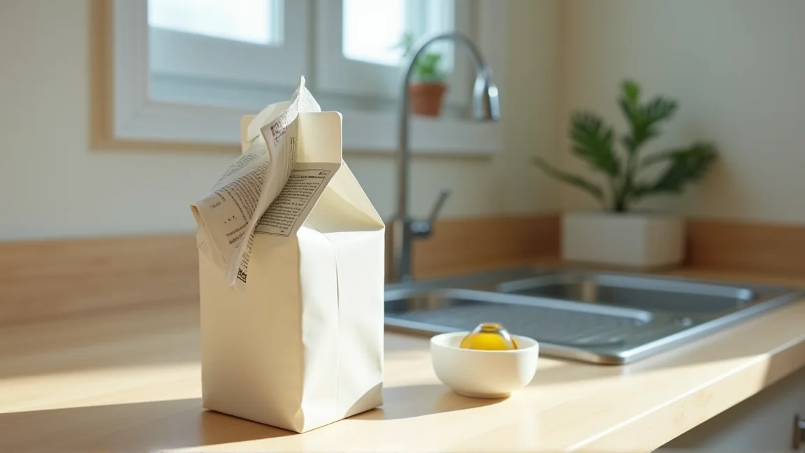 牛乳パックに新聞紙を詰めて油を吸わせる準備