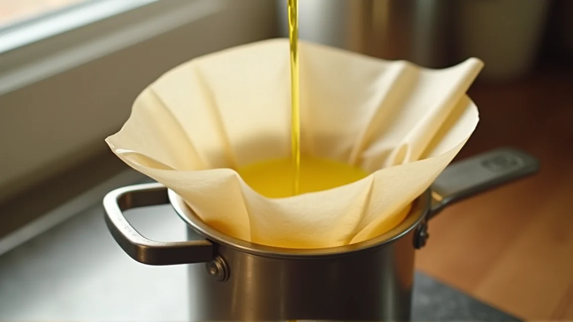 コーヒーフィルターで油をこしている様子