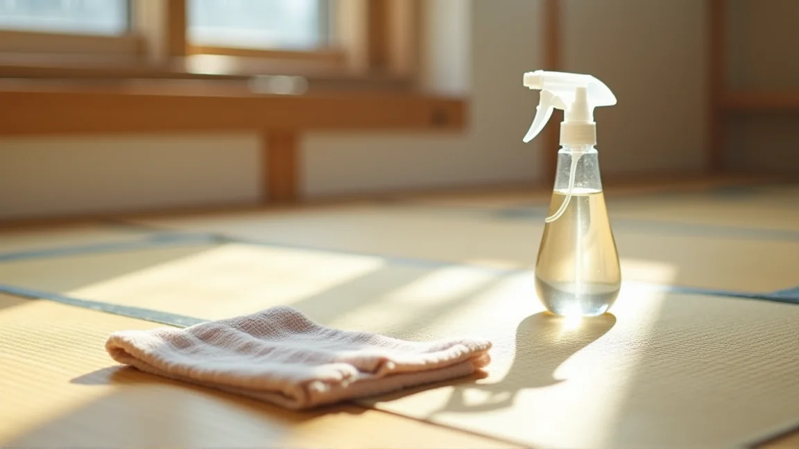 スプレーボトルで畳に薬剤を吹きかけている様子