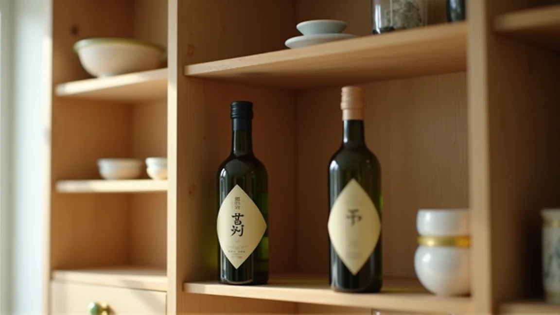 キッチンの暗い棚に置かれた緑色の遮光瓶のオリーブオイル