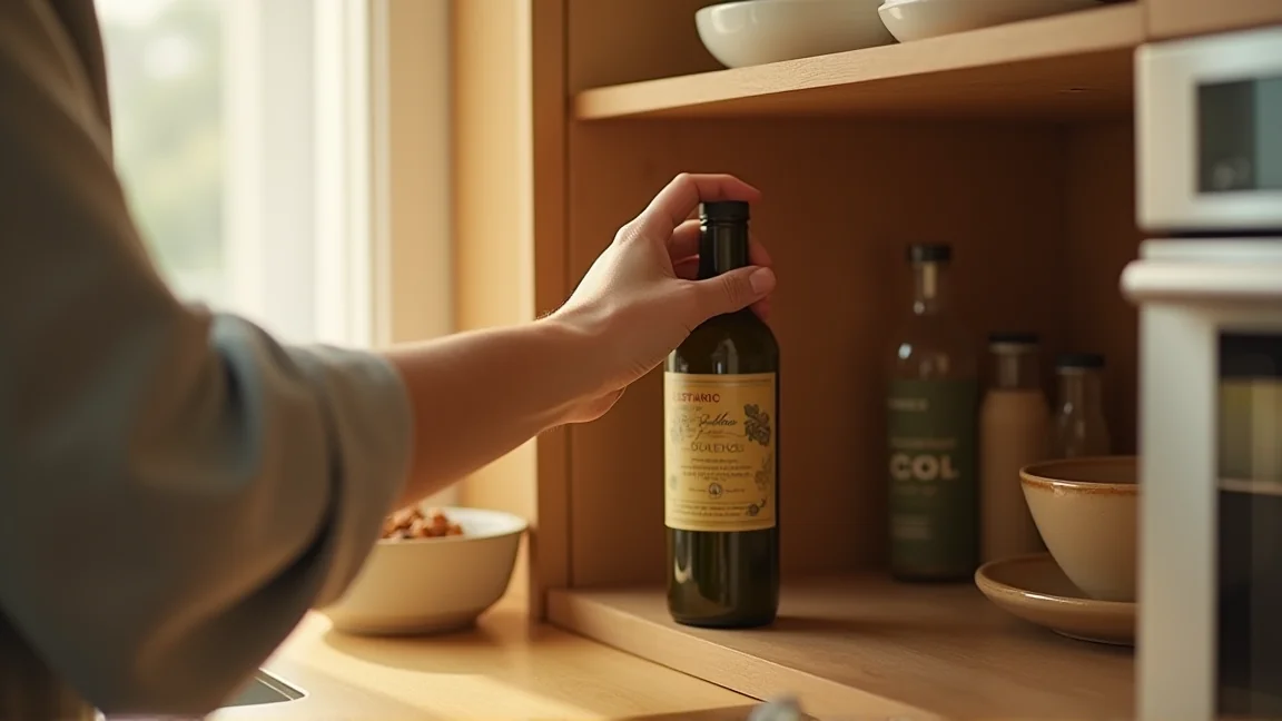 コンロ脇に置かれたオリーブオイルと、棚に戻すイメージ