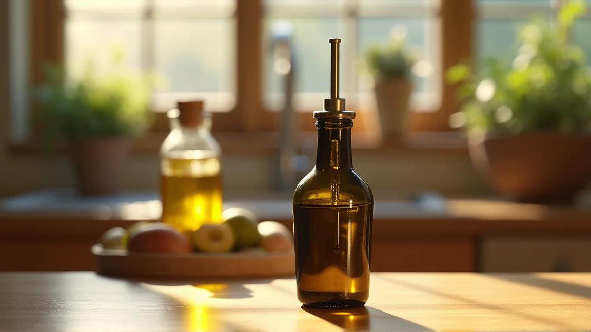 小瓶に移し替えたオリーブオイルと注ぎ口