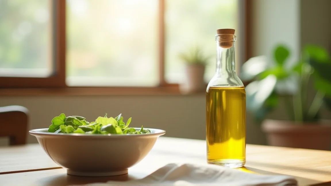 小さめのオリーブオイル瓶とサラダ皿