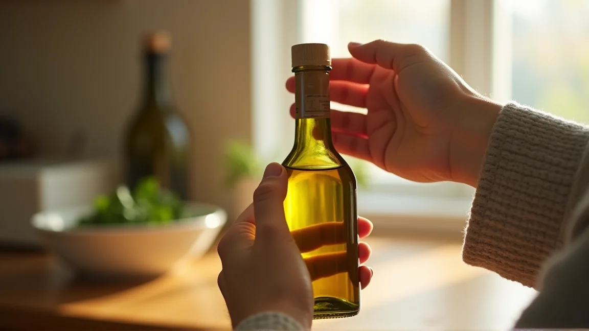 キッチンでオリーブオイルの香りを確かめる手元