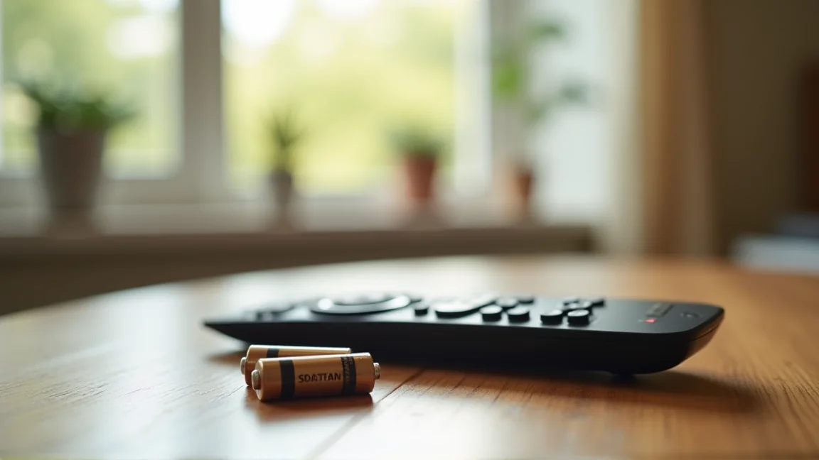 リビングのテーブルに置かれたテレビのリモコンと電池