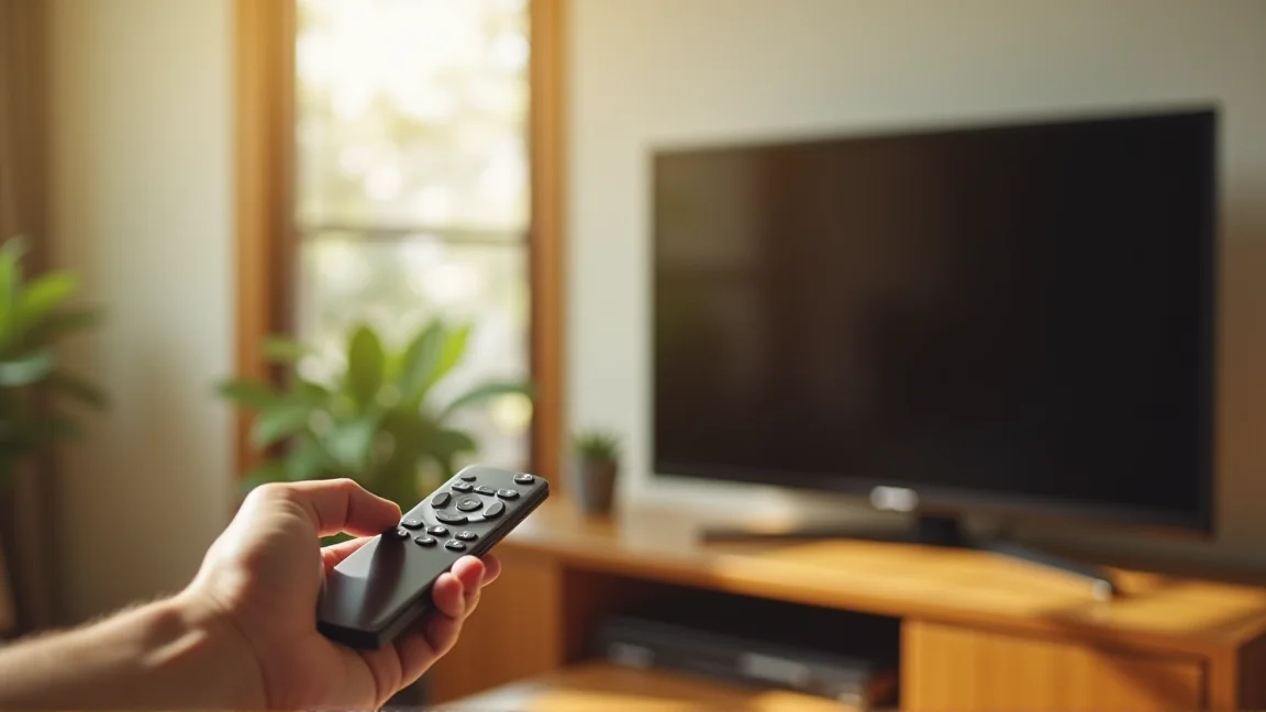 テレビの前にある障害物とリモコンの位置を確認している様子