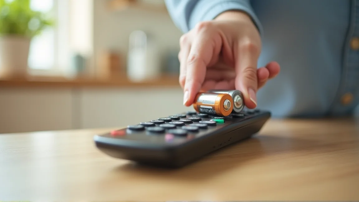 リモコンの電池ボックスを開けて新しい電池を入れる手元