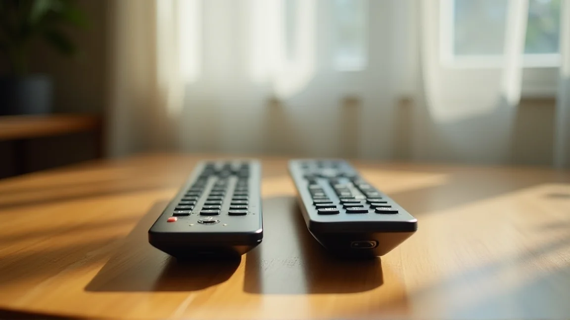 古いリモコンと新しい汎用リモコンを比べている様子