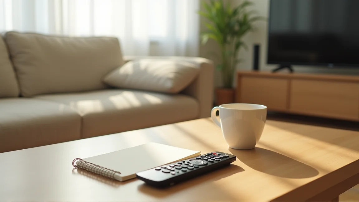 テーブルの上のリモコンとメモ帳、コーヒーカップ