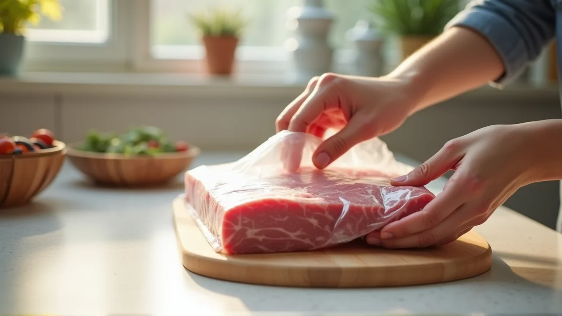 冷凍庫から取り出した牛肉のパックを確認する手元