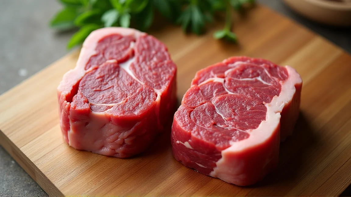 鮮やかな赤と暗赤色の牛肉を並べて比較する様子