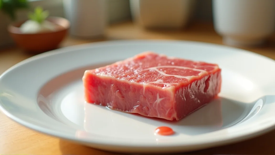 解凍中の牛肉から出るドリップを確認する場面