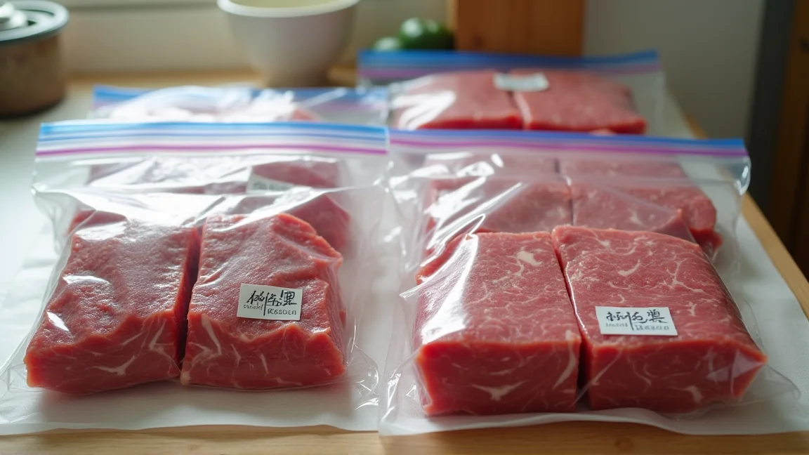 ラップとフリーザーバッグで小分けにした牛肉