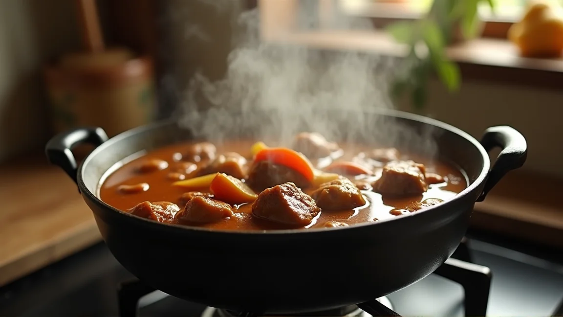 鍋でじっくり煮込まれている牛肉のカレー