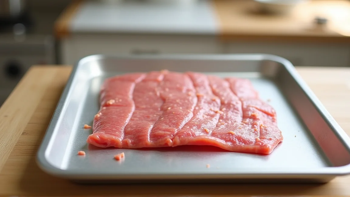 平らに広げて筋を入れた冷凍用ひき肉の袋