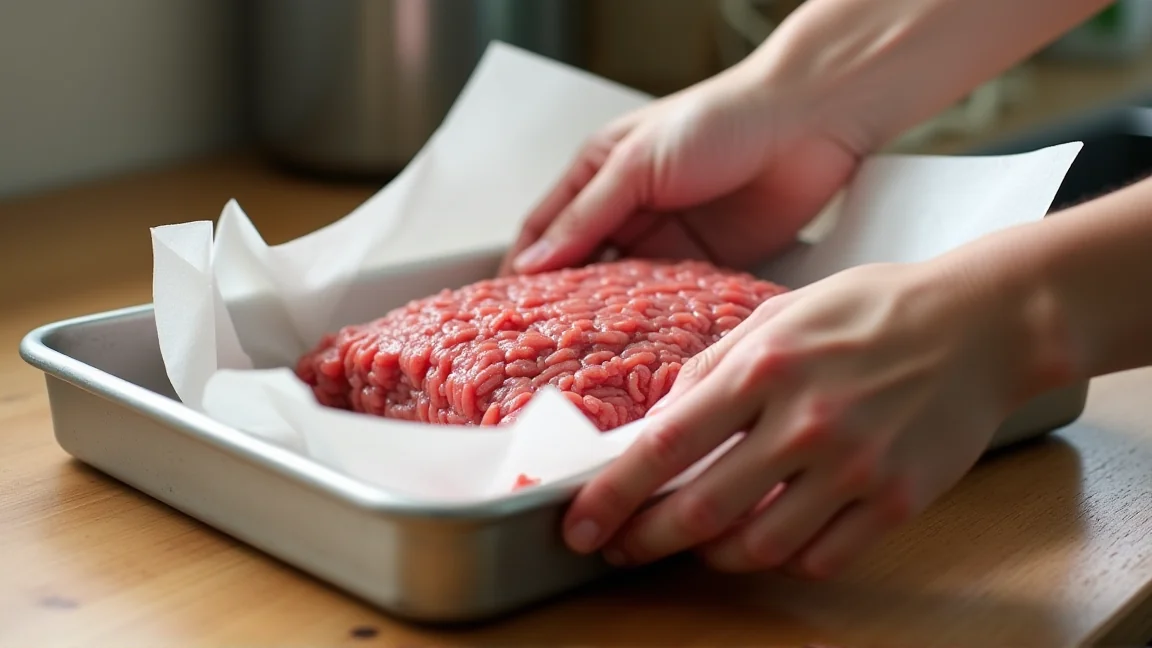 キッチンペーパーでひき肉のドリップを拭く手元