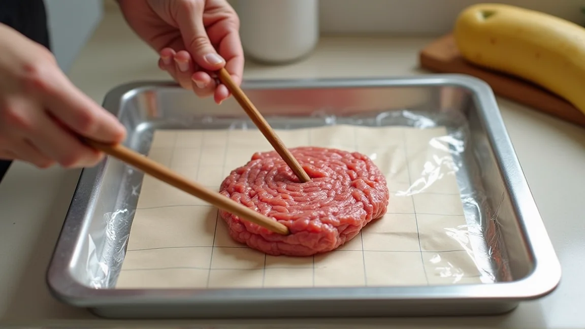 菜箸で袋越しにひき肉に格子の筋を入れる様子