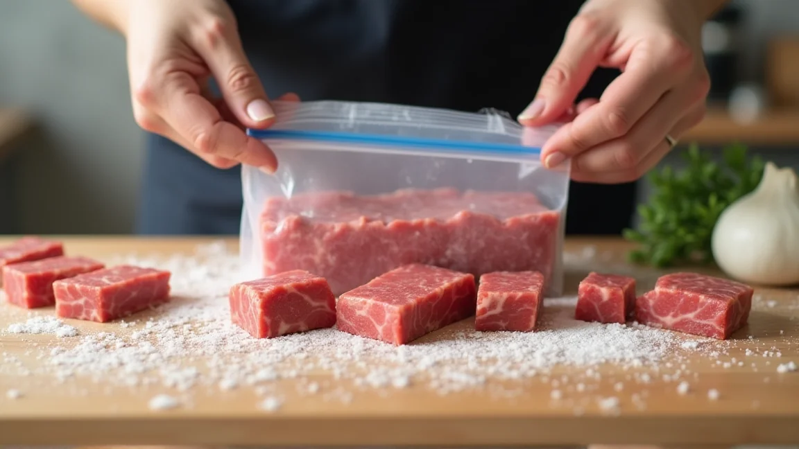 冷凍したひき肉を手で割って必要分だけ取り出す様子
