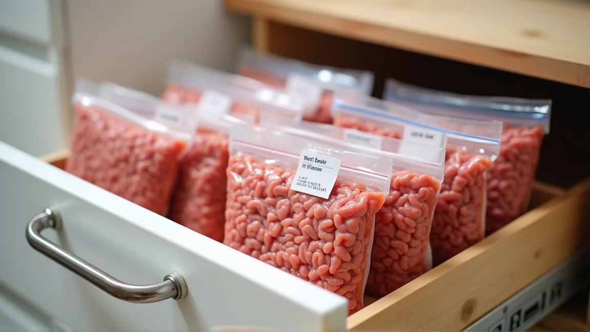 冷凍庫の中で立てて並ぶ薄いひき肉の冷凍袋