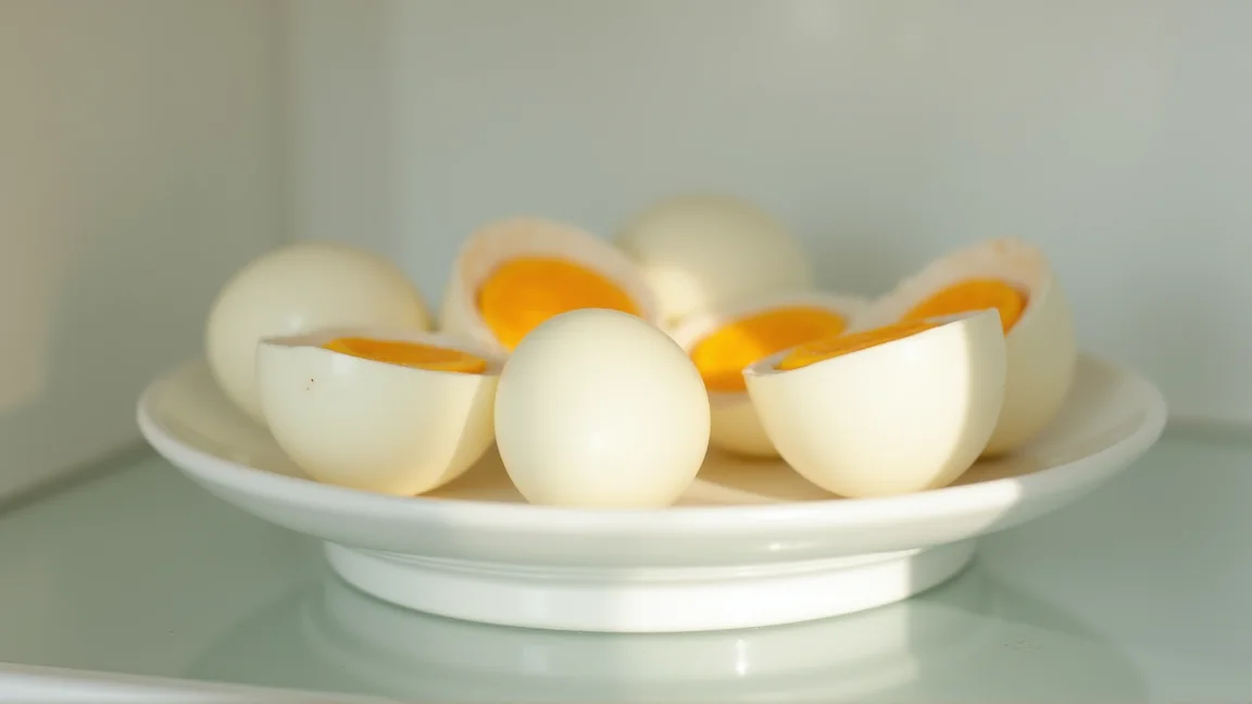 冷蔵庫のドアポケットに並ぶ殻付きのゆで卵