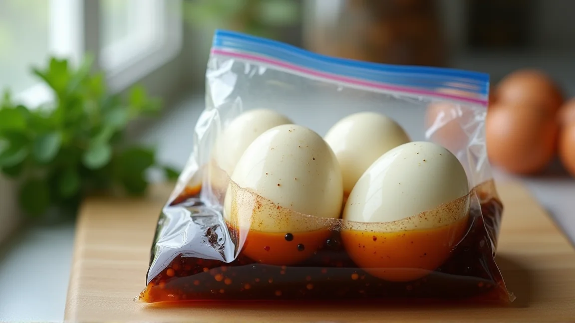 保存袋の中で調味液に漬かった味玉
