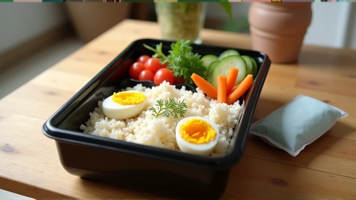 お弁当箱に入った半分にカットしたゆで卵とおかず