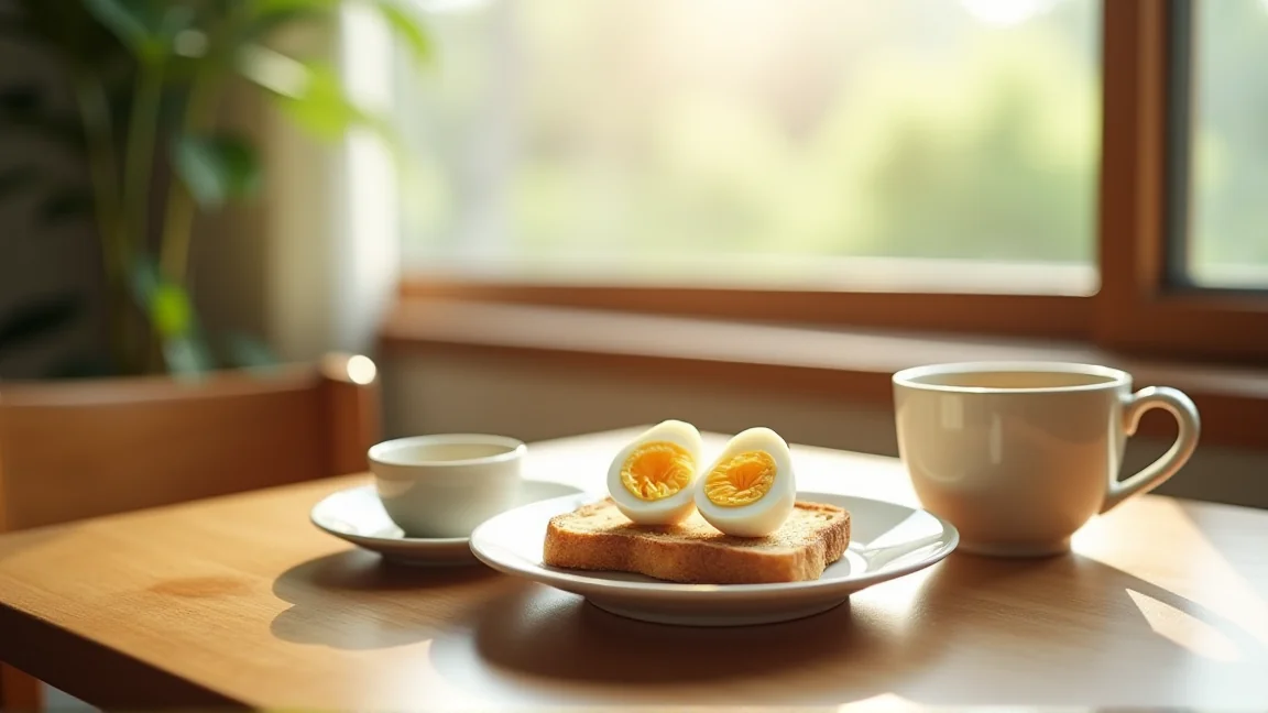 朝食のテーブルに並べられたゆで卵とトースト