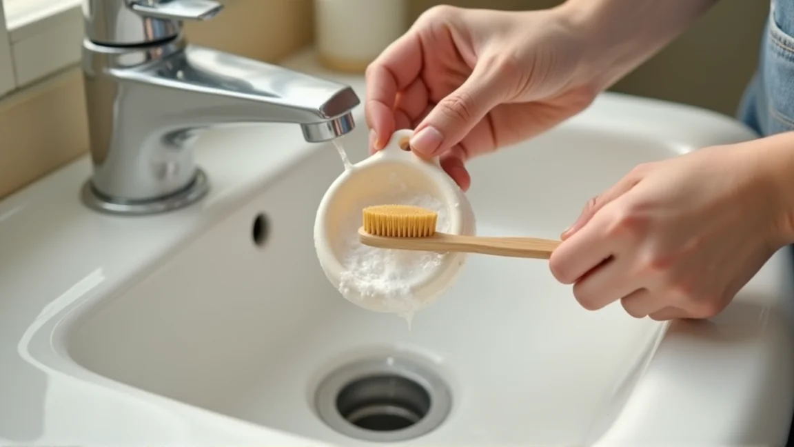古歯ブラシでヘアキャッチャーを洗っている手元