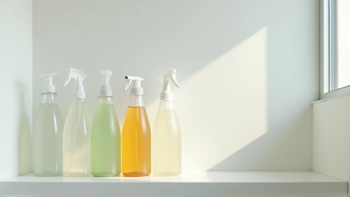 お風呂場のラックに並ぶ排水口クリーナーのボトル