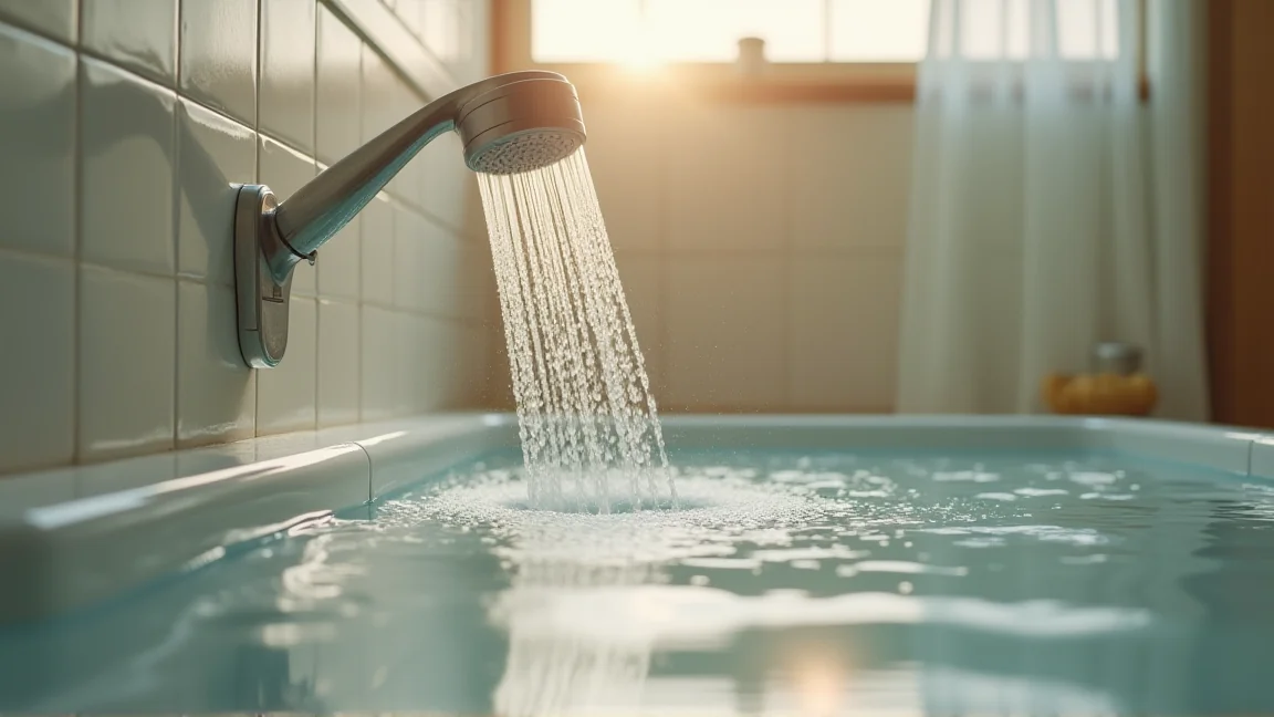 入浴後にシャワーで浴室の床を流している様子