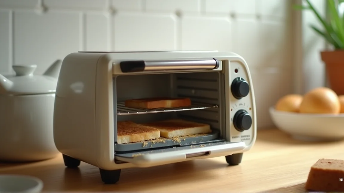 庫内に焦げとパンくずが残ったトースターの様子