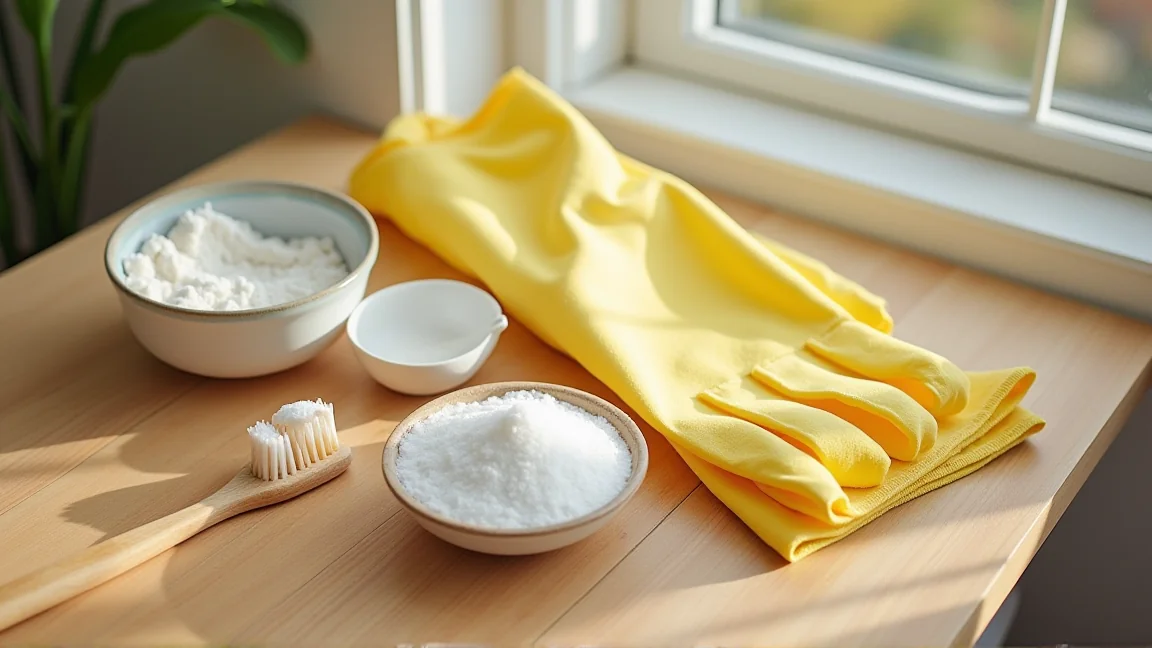 重曹とクエン酸と布巾を並べた掃除前の準備