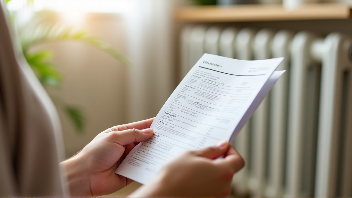 部屋に置かれたオイルヒーターと電気料金の明細を見比べる手元