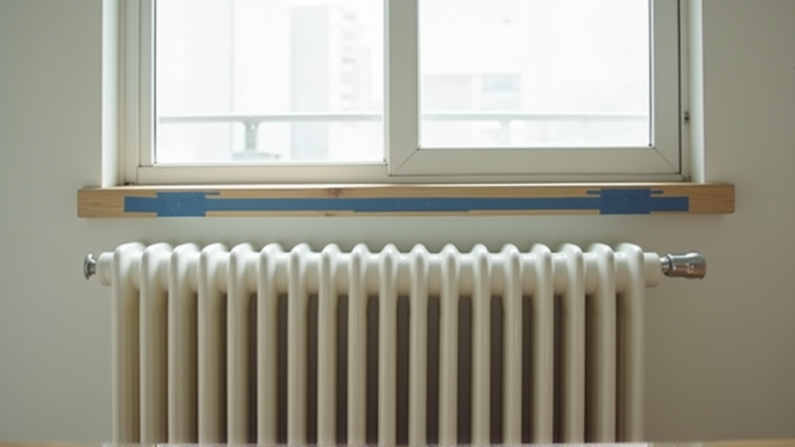 窓際にオイルヒーターを置き、隙間テープを貼っているところ