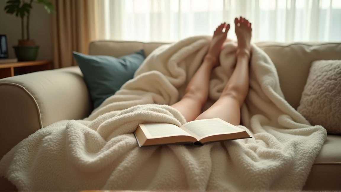 ソファのそばで電気毛布を膝に掛けながら本を読む様子