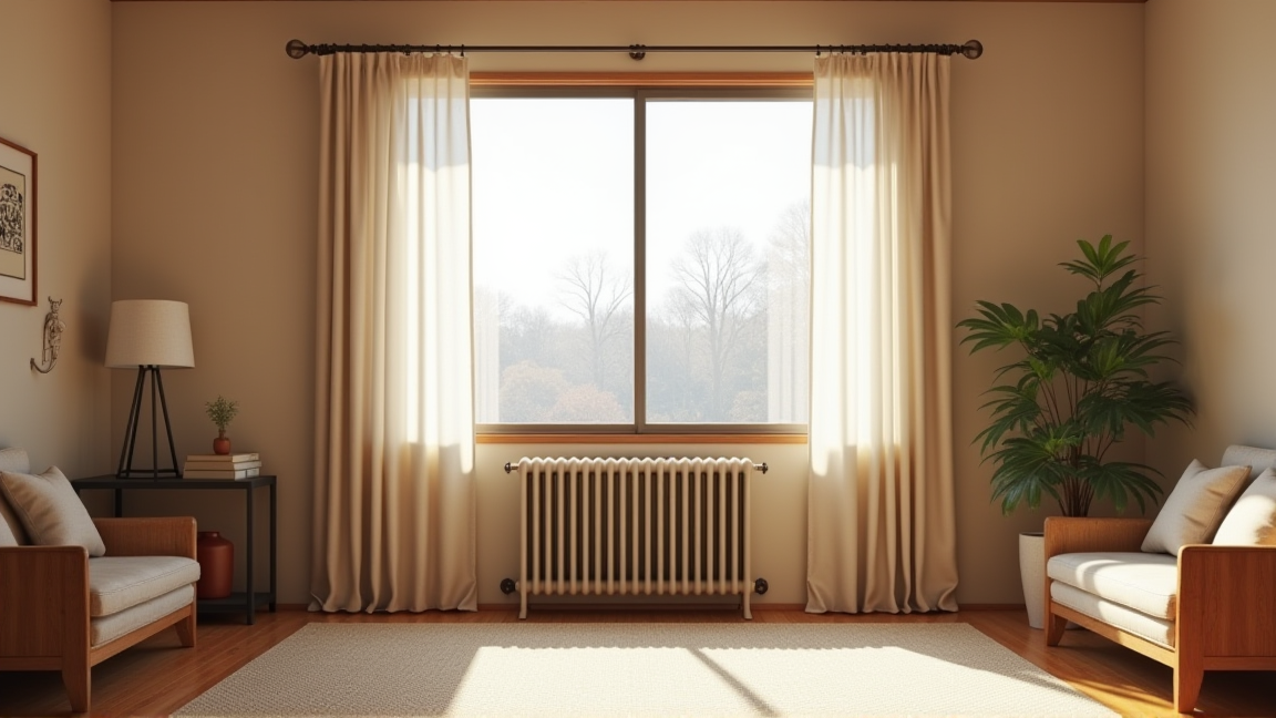 リビングの隅に置かれたオイルヒーターと、厚手のカーテン・ラグのある部屋全体