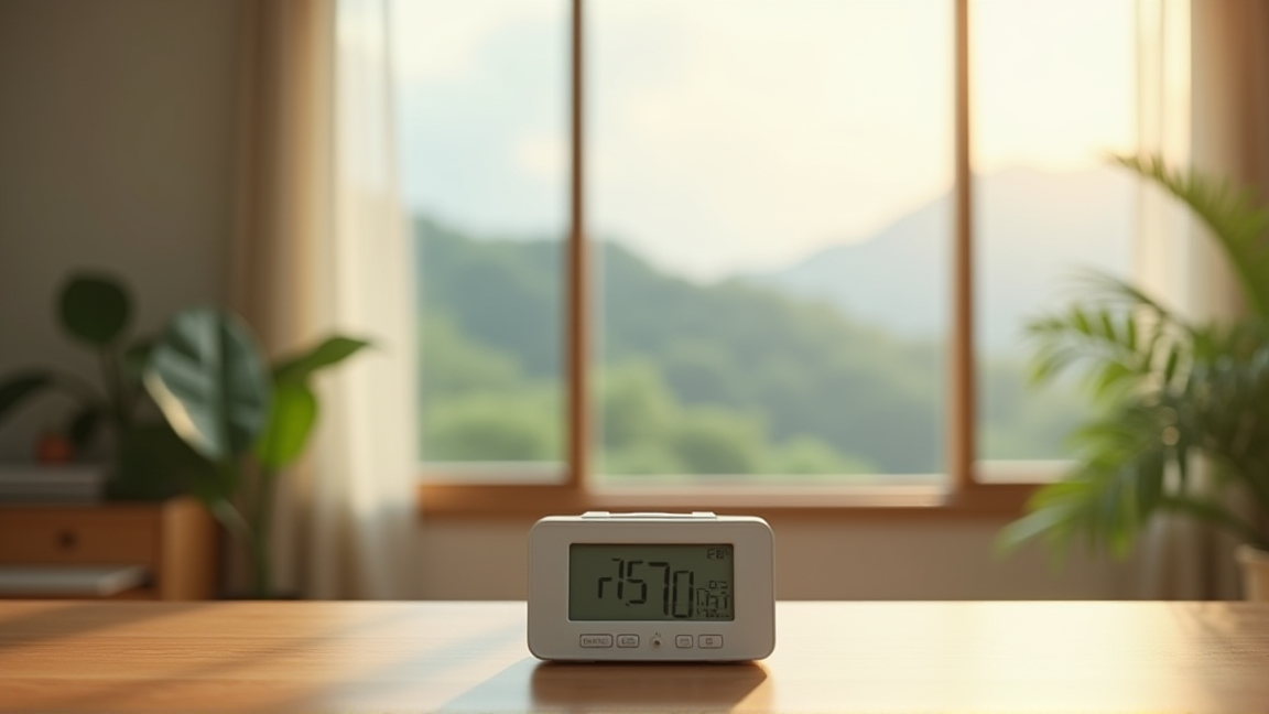 リビングに置かれた湿度計と窓の外の梅雨空