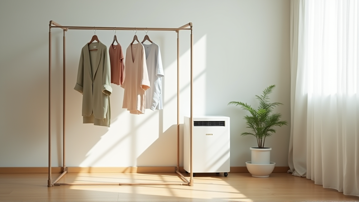 部屋干しの洗濯物の下にサーキュレーターと除湿機を置いた様子