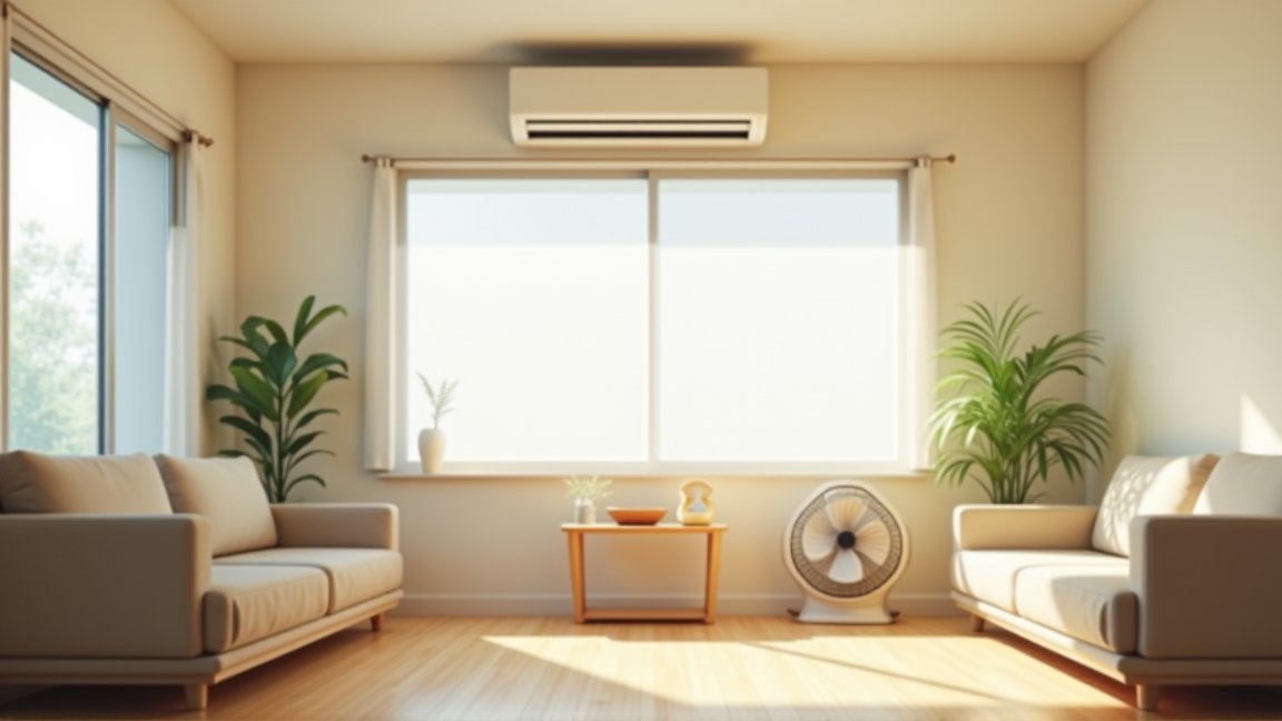 リビング全景、エアコン・サーキュレーター・湿度計が映る