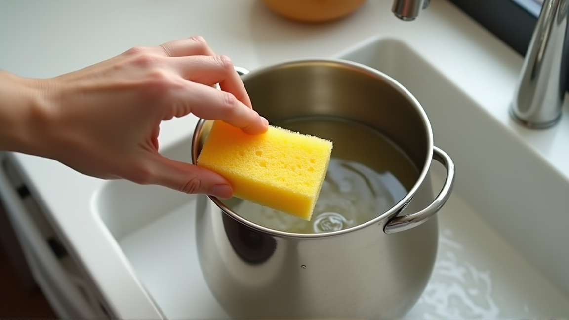 重曹水でポットの内側をスポンジで軽くこする様子