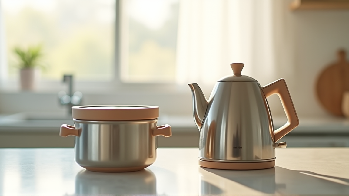 洗浄が終わってきれいに磨かれたポットがキッチンに並んでいる様子