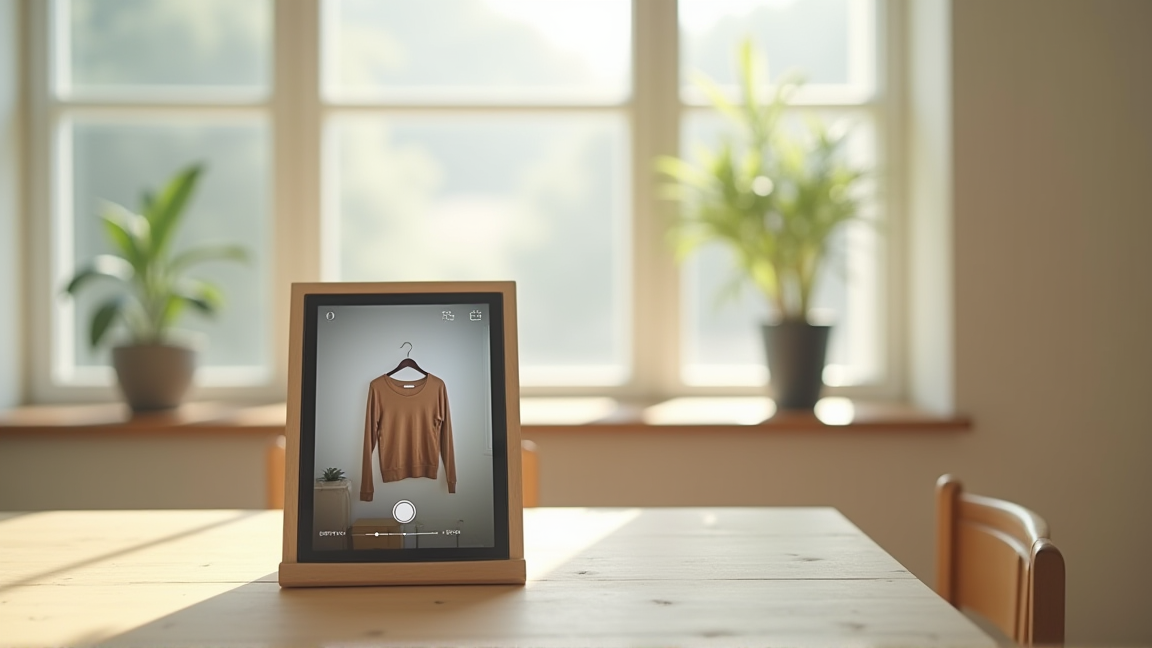 自然光が入る窓辺で商品を撮影しているスマホの画面