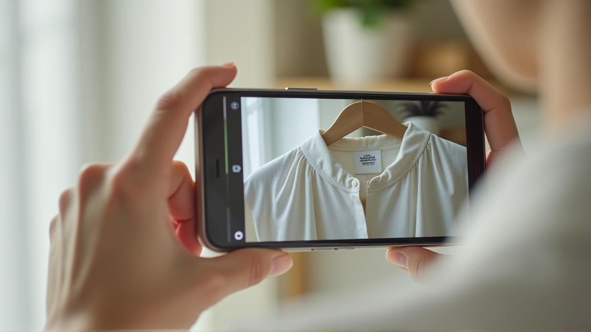 服の状態を伝えるためにタグや汚れ部分をアップで撮影している様子