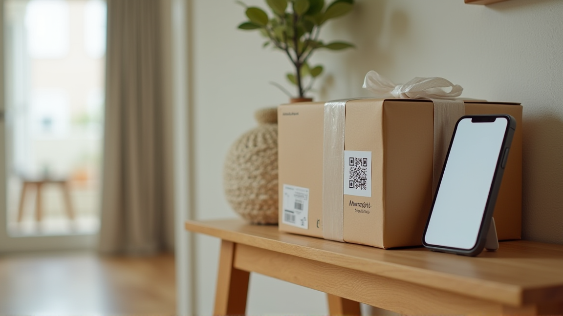 梱包された商品を玄関先で発送準備している様子