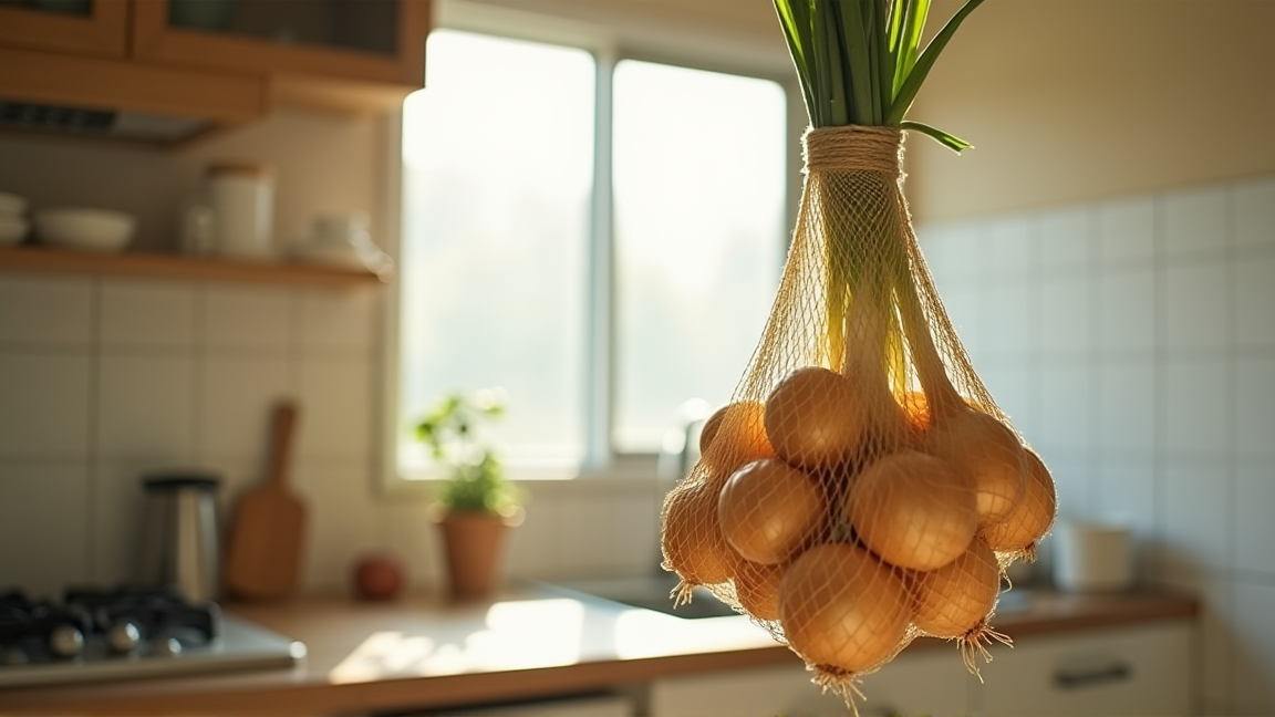 ネットに入った玉ねぎを風通しの良いキッチンに吊るしている様子
