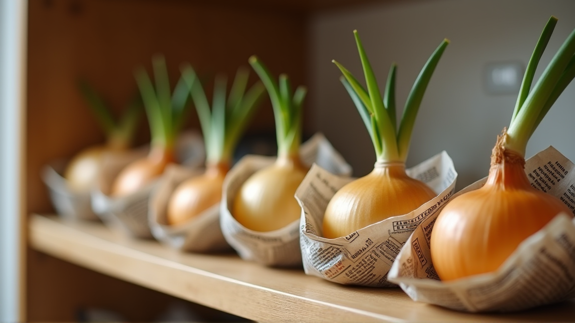 新聞紙に包まれた玉ねぎがキッチンの棚に並んでいる様子