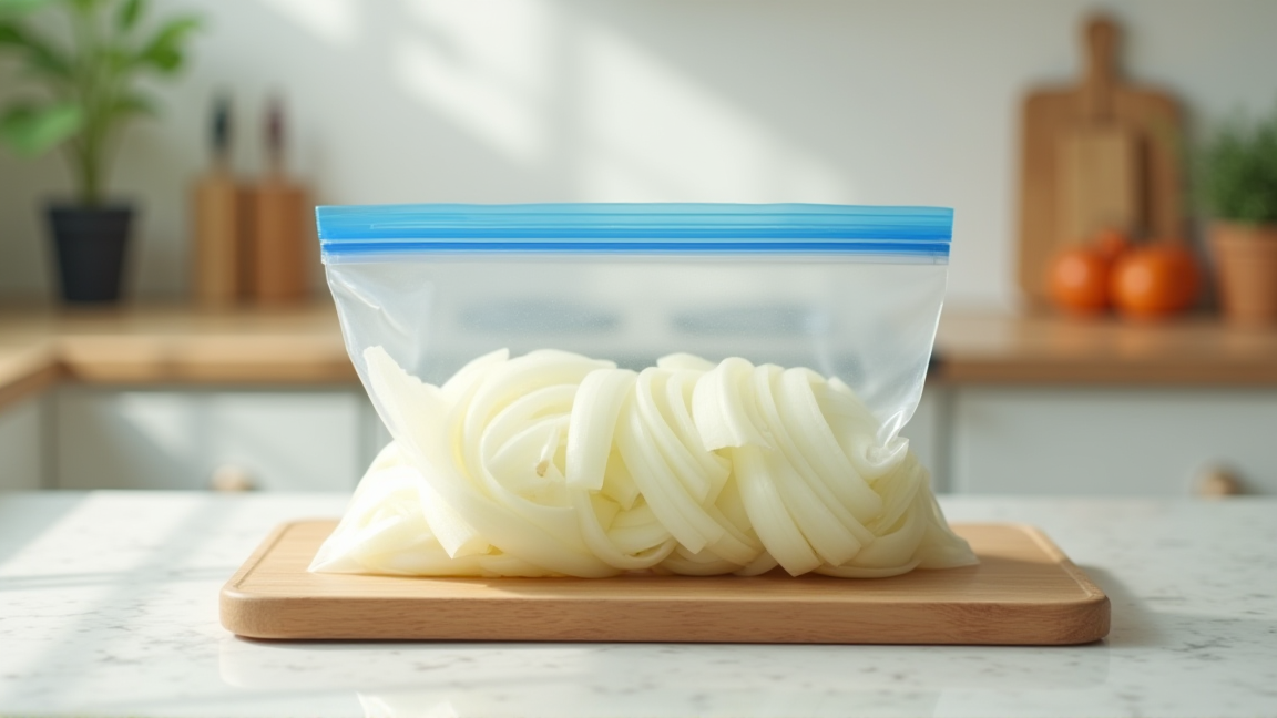 切った玉ねぎをジッパーバッグに入れて冷凍している様子