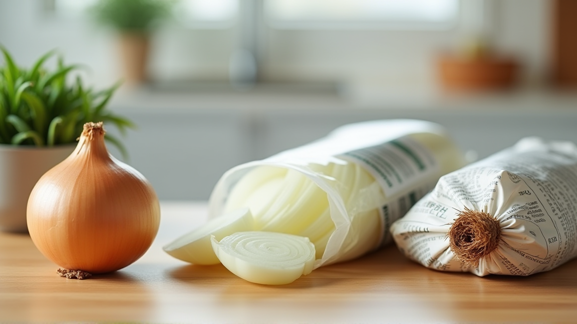 キッチンカウンターに並ぶ玉ねぎ・ジッパーバッグ・新聞紙