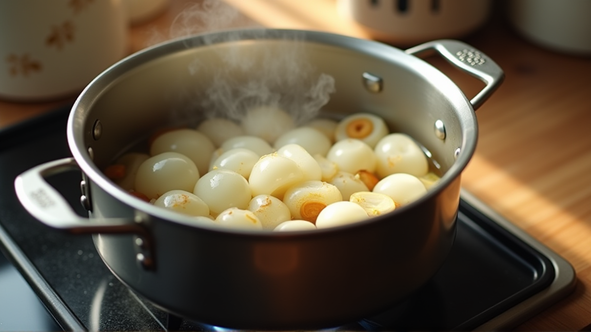 玉ねぎを使った煮込み料理を鍋で作っている様子